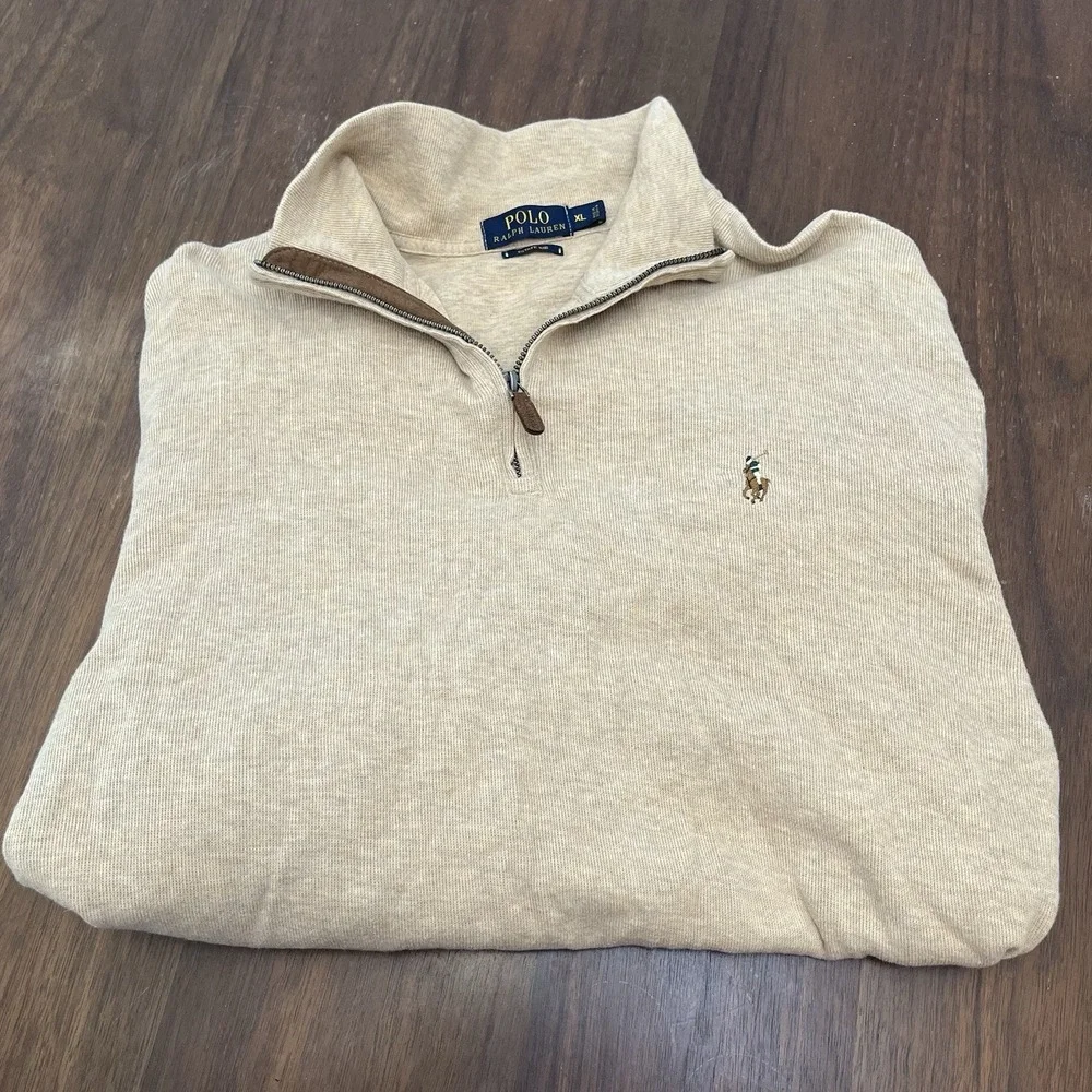 Polo Ralph Lauren Sweater Men's XL Beige Estate Rib Quarter 1/4 Zip Tight Knit
